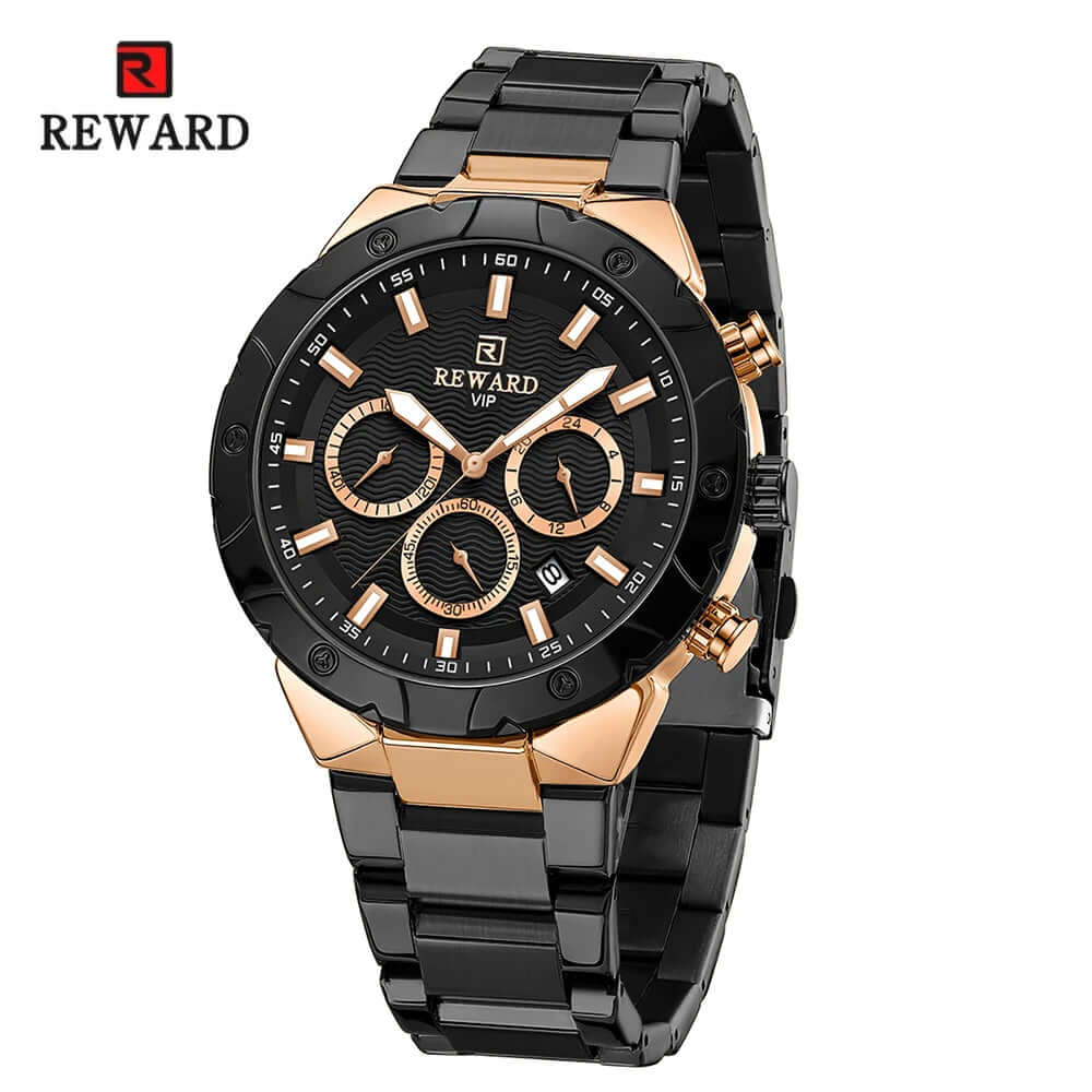 Relógio masculino REWARD VIP Legacy com pulseira de aço inoxidável preta e mostrador preto com cronógrafos com detalhes dourado.