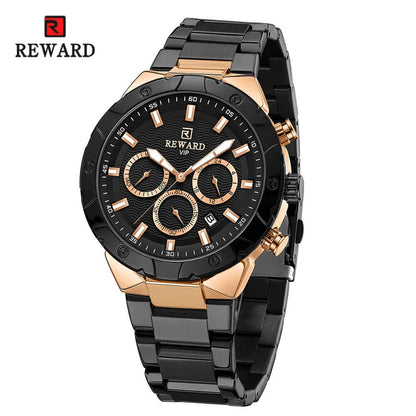 Relógio masculino REWARD VIP Legacy com pulseira de aço inoxidável preta e mostrador preto com cronógrafos com detalhes dourado.