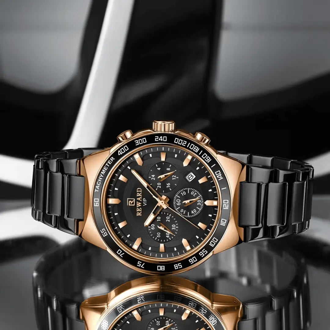 O relógio masculino REWARD VIP Magnus combina o preto elegante com o dourado sofisticado. Design marcante, cronógrafo funcional e presença imponente. Luxo acessível para homens de atitude.