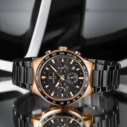 O relógio masculino REWARD VIP Magnus combina o preto elegante com o dourado sofisticado. Design marcante, cronógrafo funcional e presença imponente. Luxo acessível para homens de atitude.