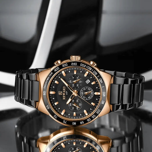 O relógio masculino REWARD VIP Magnus combina o preto elegante com o dourado sofisticado. Design marcante, cronógrafo funcional e presença imponente. Luxo acessível para homens de atitude.