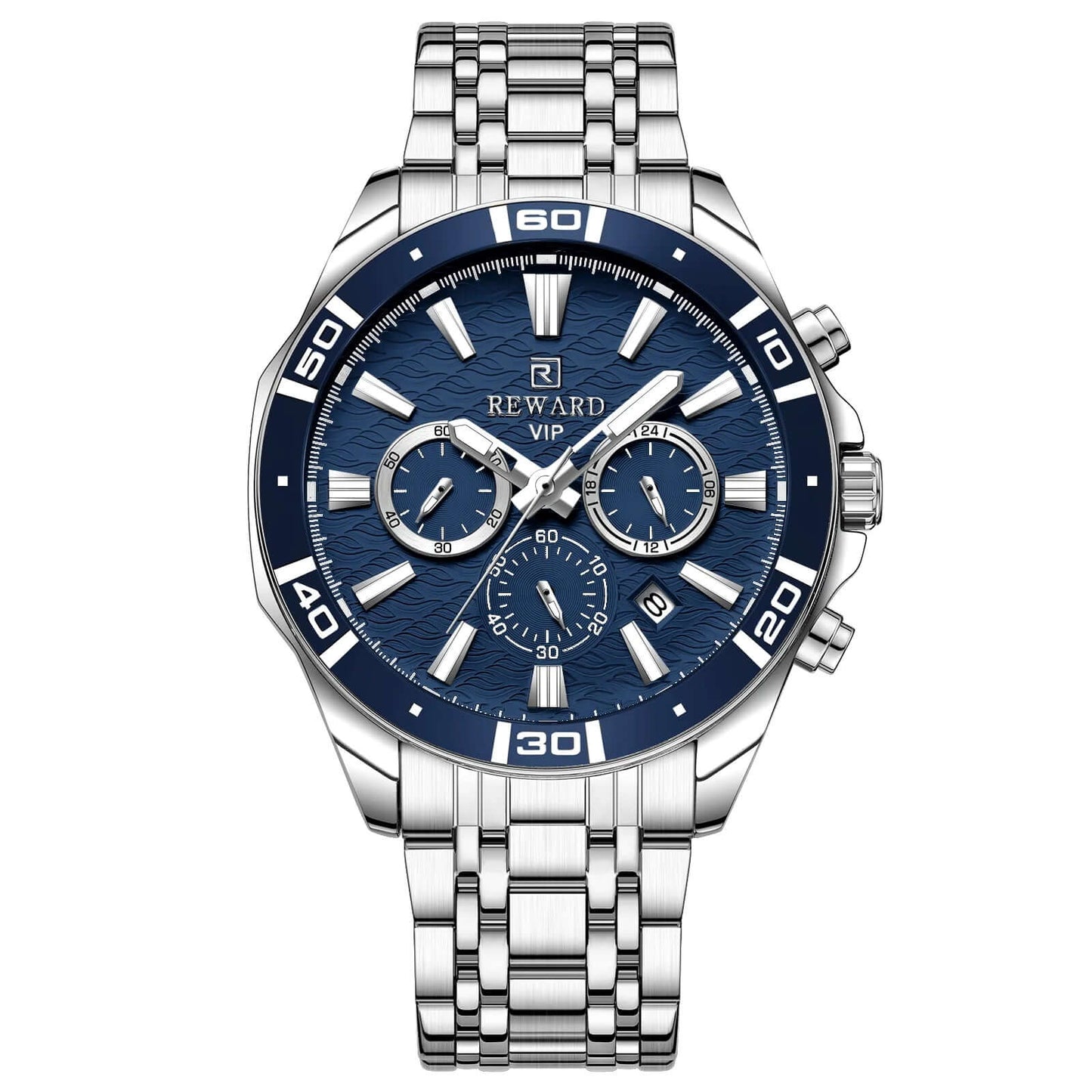 elógio masculino REWARD VIP com mostrador azul marinho, cronógrafo funcional, caixa e pulseira em aço inoxidável prateado, marcadores metálicos em relevo e detalhes polidos de alto brilho.