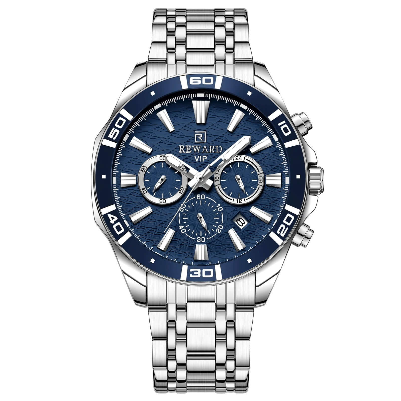elógio masculino REWARD VIP com mostrador azul marinho, cronógrafo funcional, caixa e pulseira em aço inoxidável prateado, marcadores metálicos em relevo e detalhes polidos de alto brilho.