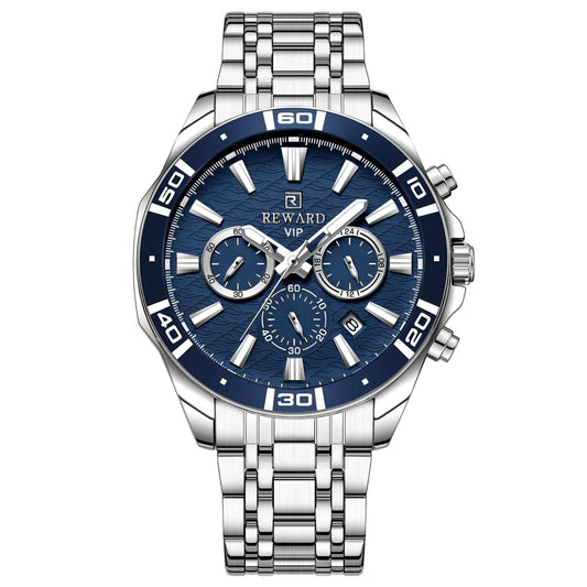 elógio masculino REWARD VIP com mostrador azul marinho, cronógrafo funcional, caixa e pulseira em aço inoxidável prateado, marcadores metálicos em relevo e detalhes polidos de alto brilho.
