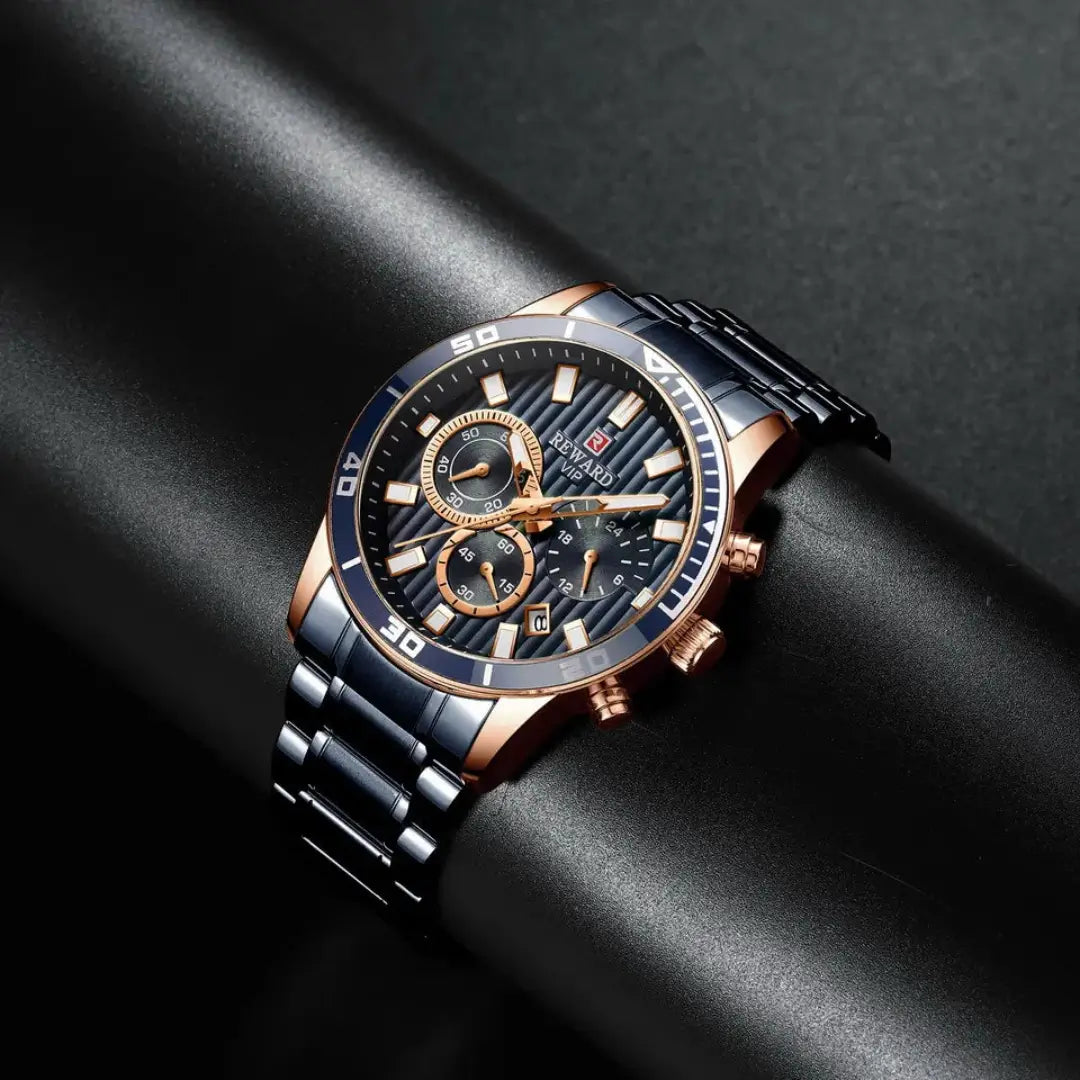 Relógio social masculino azul Reward VIP Aurion visto de cima, com mostrador elegante, caixa refinada e pulseira metálica ajustável em perfeita harmonia visual