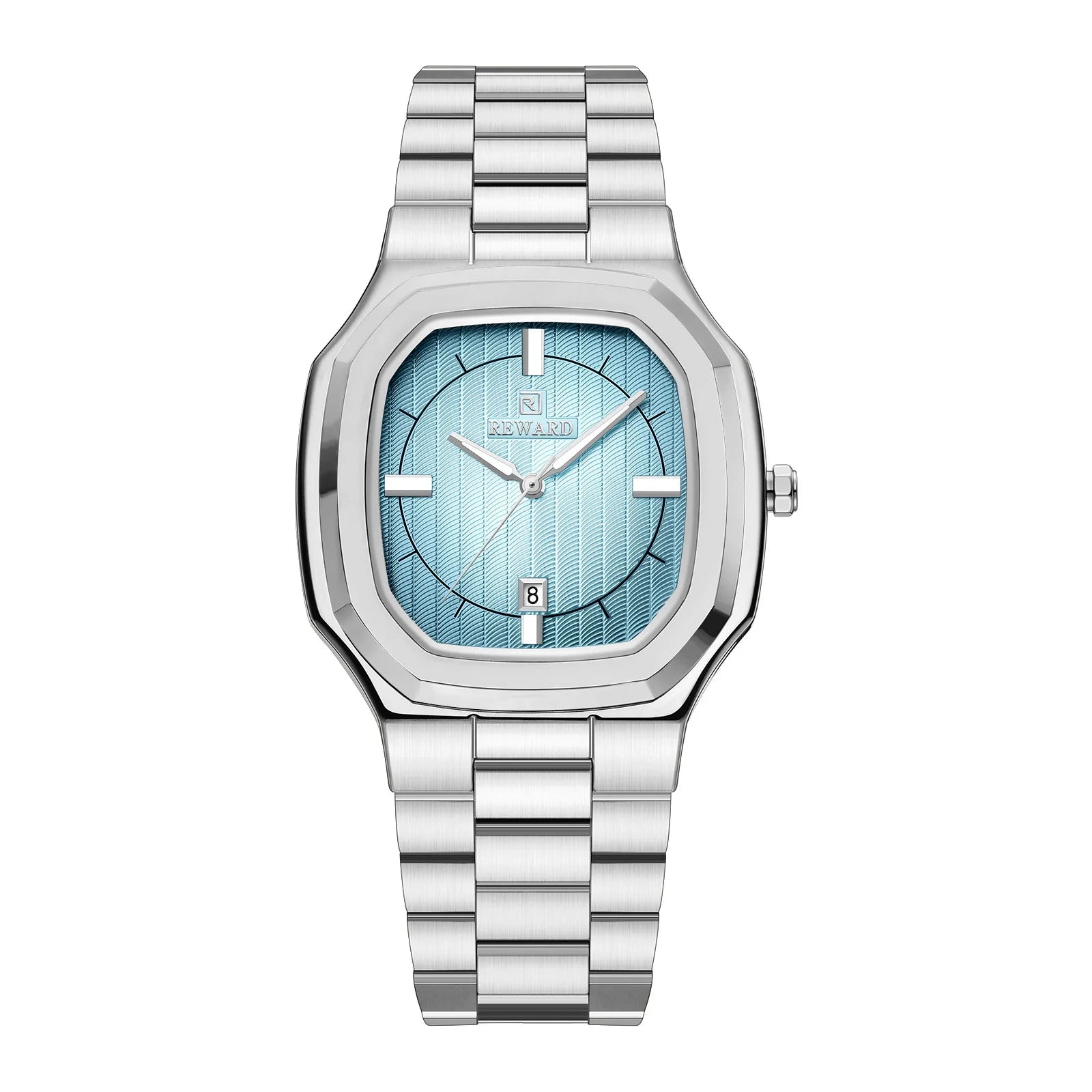 Relógio social masculino em aço inoxidável prata com mostrador azul claro visto de frente