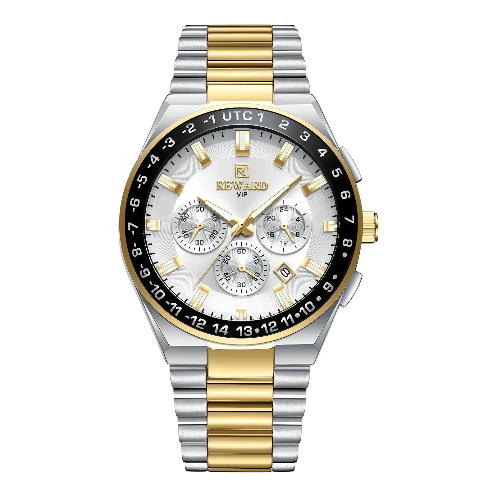 Relógio social masculino bicolor Reward VIP Navigator Master com pulseira em aço prata e elo central dourado
