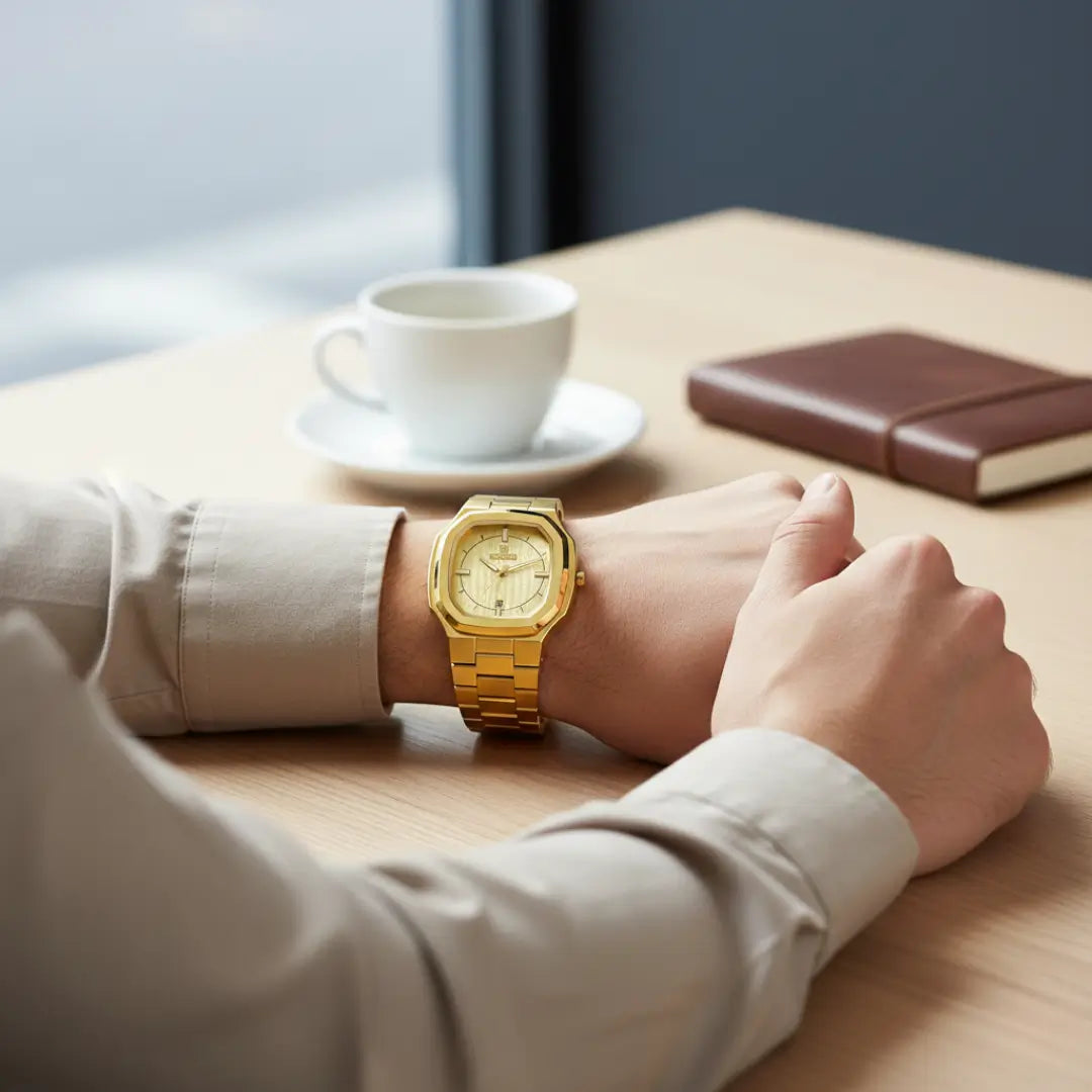 Relógio social masculino dourado Reward VIP Signature 38mm com caixa octogonal visto no pulso em uma cafeteria