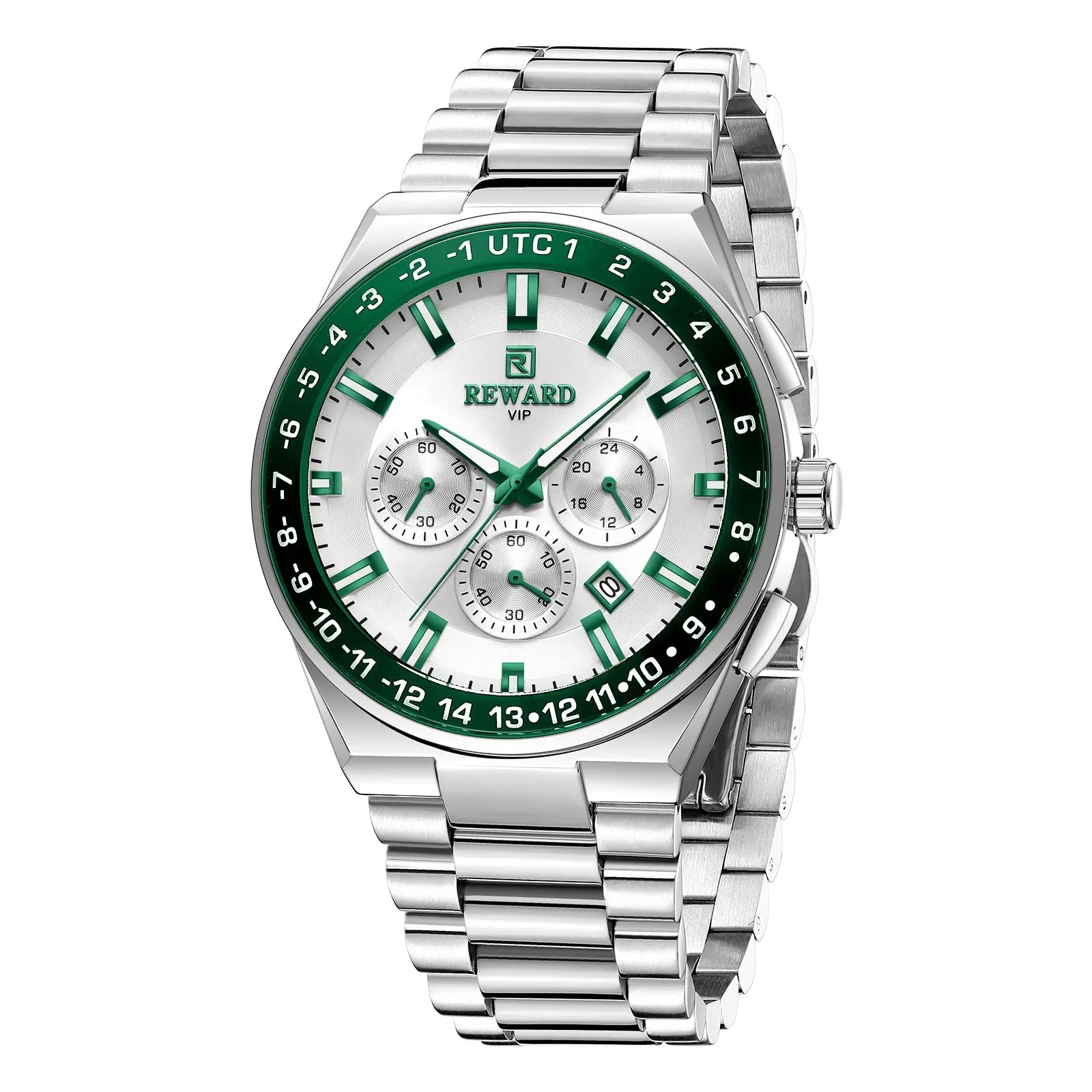 Relógio social masculino prata Reward VIP Navigator Master visto da lateral destacando bisel verde esmeralda
