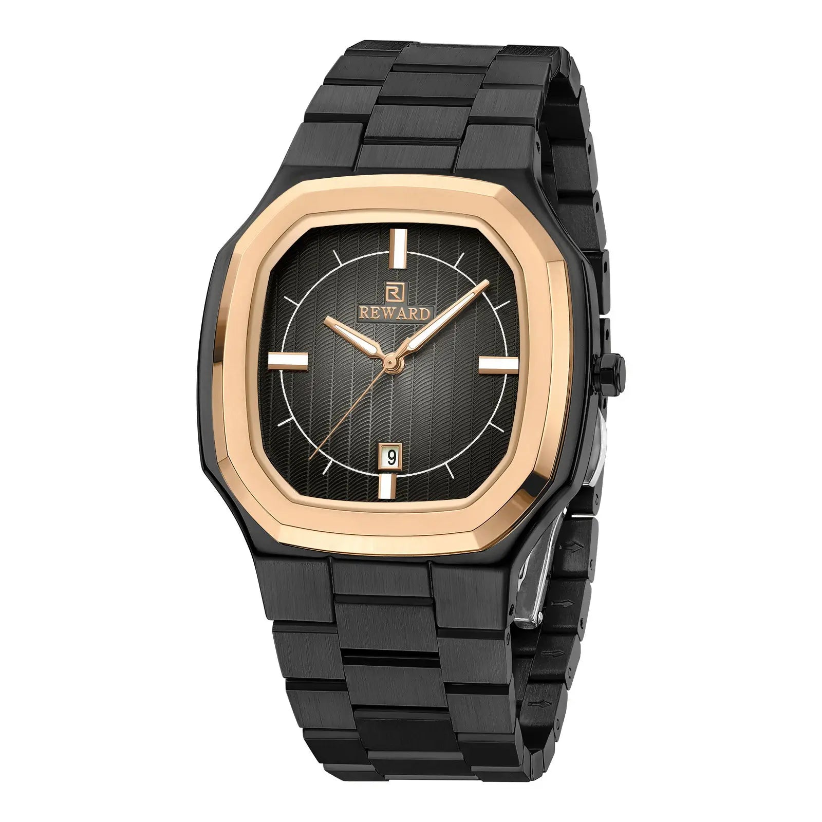 Relógio social masculino preto com bisel rose gold visto da lateral - Reward VIP Signature 38mm