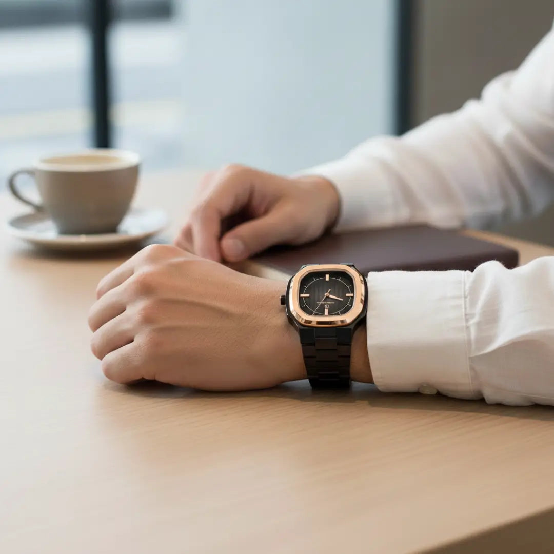 Relógio social masculino preto Signature 38mm visto no pulso em ambiente público