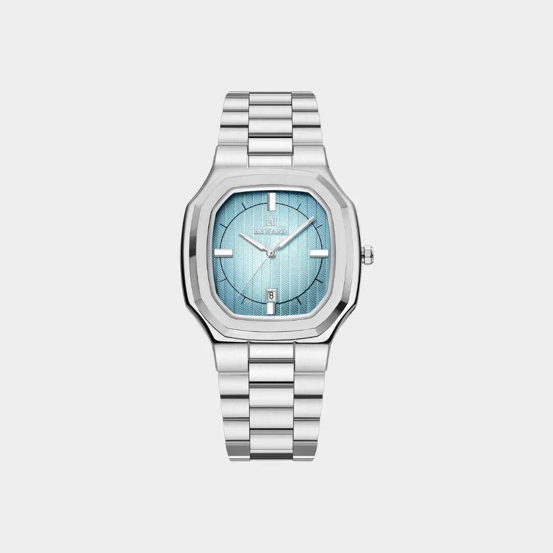 Relógio social masculino prata com caixa octogonal de 38mm visto de frente, modelo Signature.