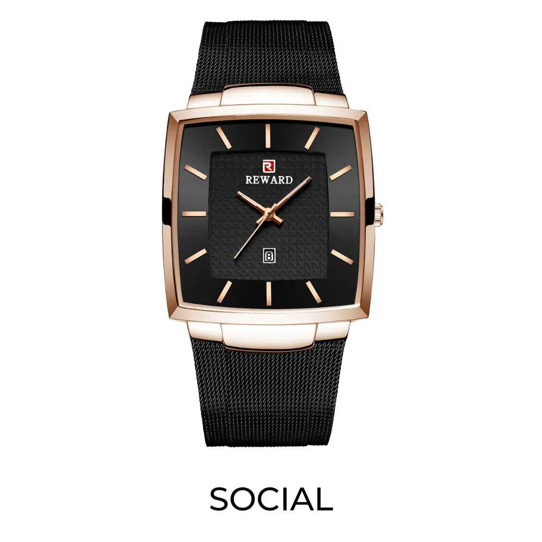 Relógio social masculino preto com caixa rosé Reward VIP