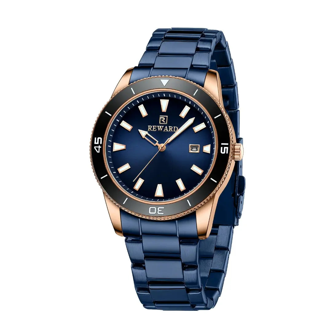 Vista lateral do relógio casual masculino azul Reward VIP Heritage com caixa metálica, acabamento refinado e perfil sofisticado