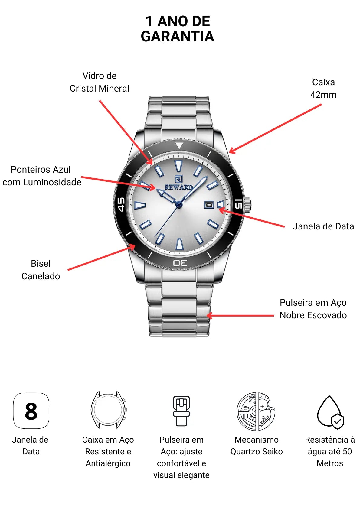 Relógio casual masculino prata Reward VIP Heritage com foco nos detalhes do modelo