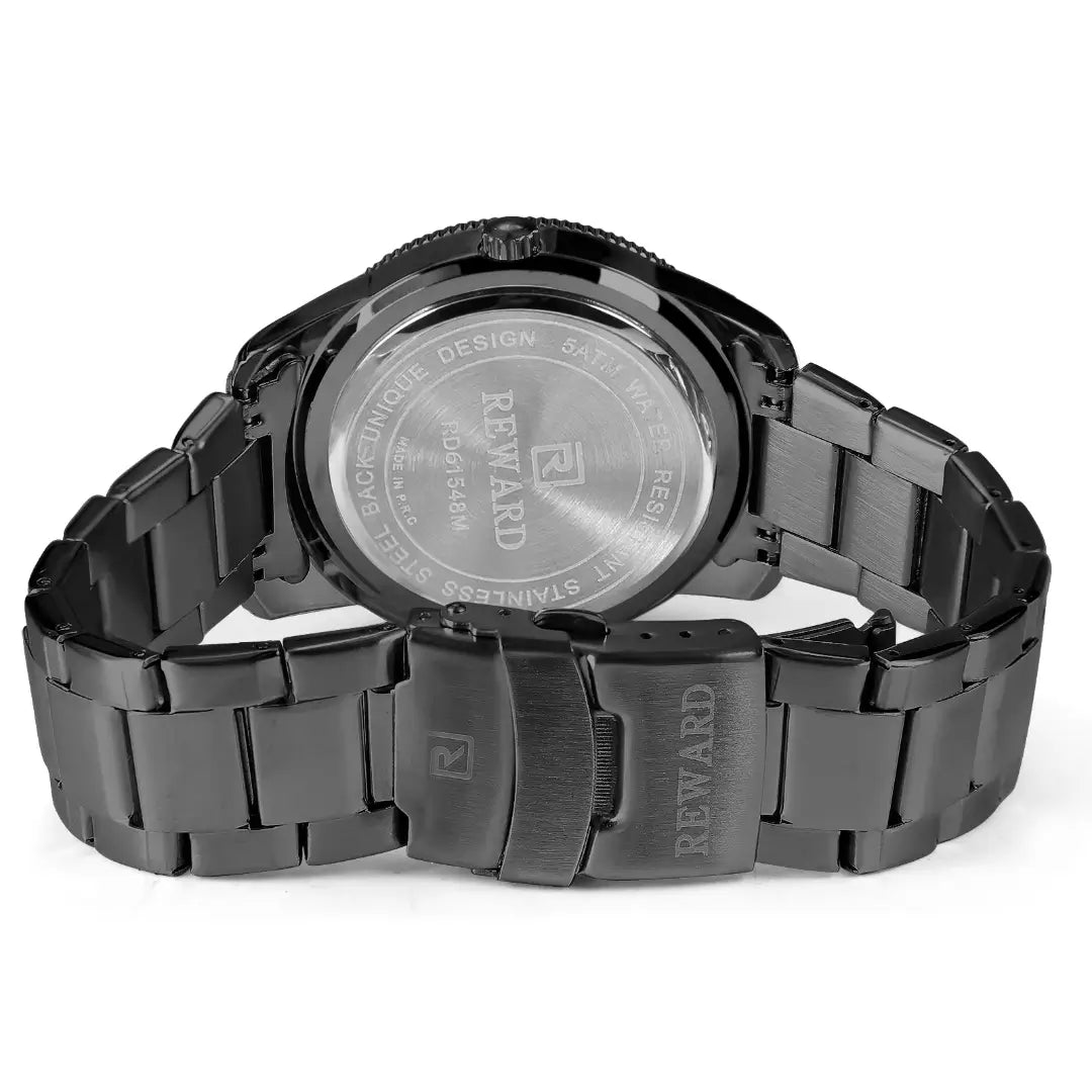 Relógio casual masculino preto Reward VIP Heritage com vista do fundo da caixa e pulseira