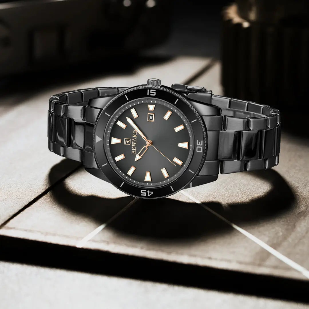 Relógio casual masculino preto Reward VIP Heritage vista do cristal mineral do modelo
