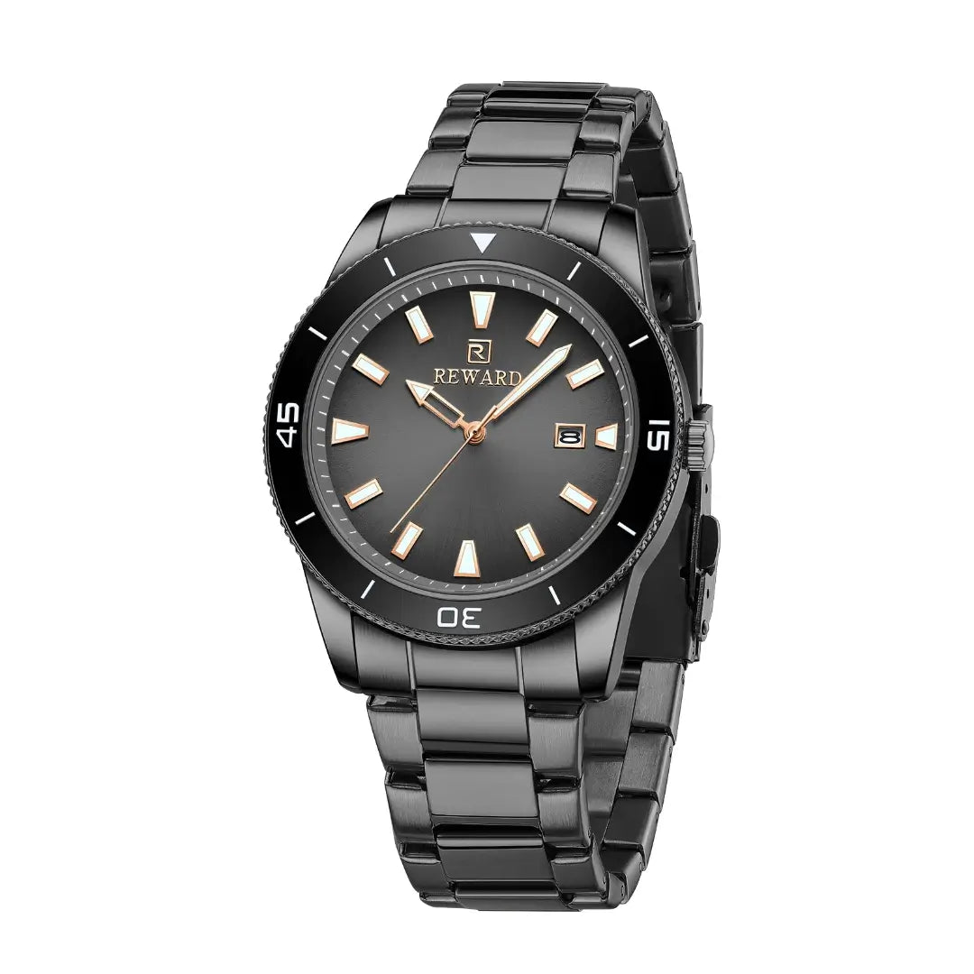 Relógio casual masculino preto Reward VIP Heritage visto da lateral da caixa