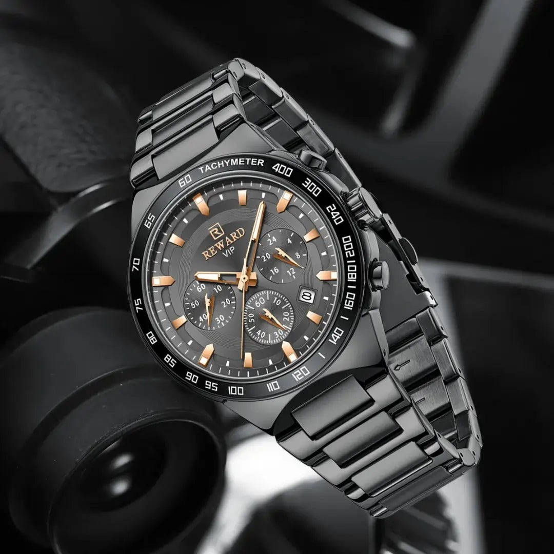 Relógio masculino REWARD VIP Magnus com pulseira de aço inox preto e mostrador preto claro, design moderno e cronógrafo esportivo.