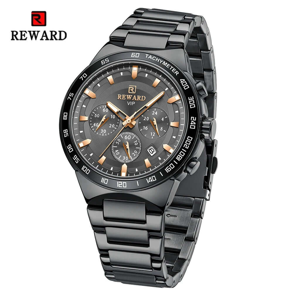 reógio masculino reward vip preto com cronógrafo com detalhes em dourado e pulseira cor preta polida.