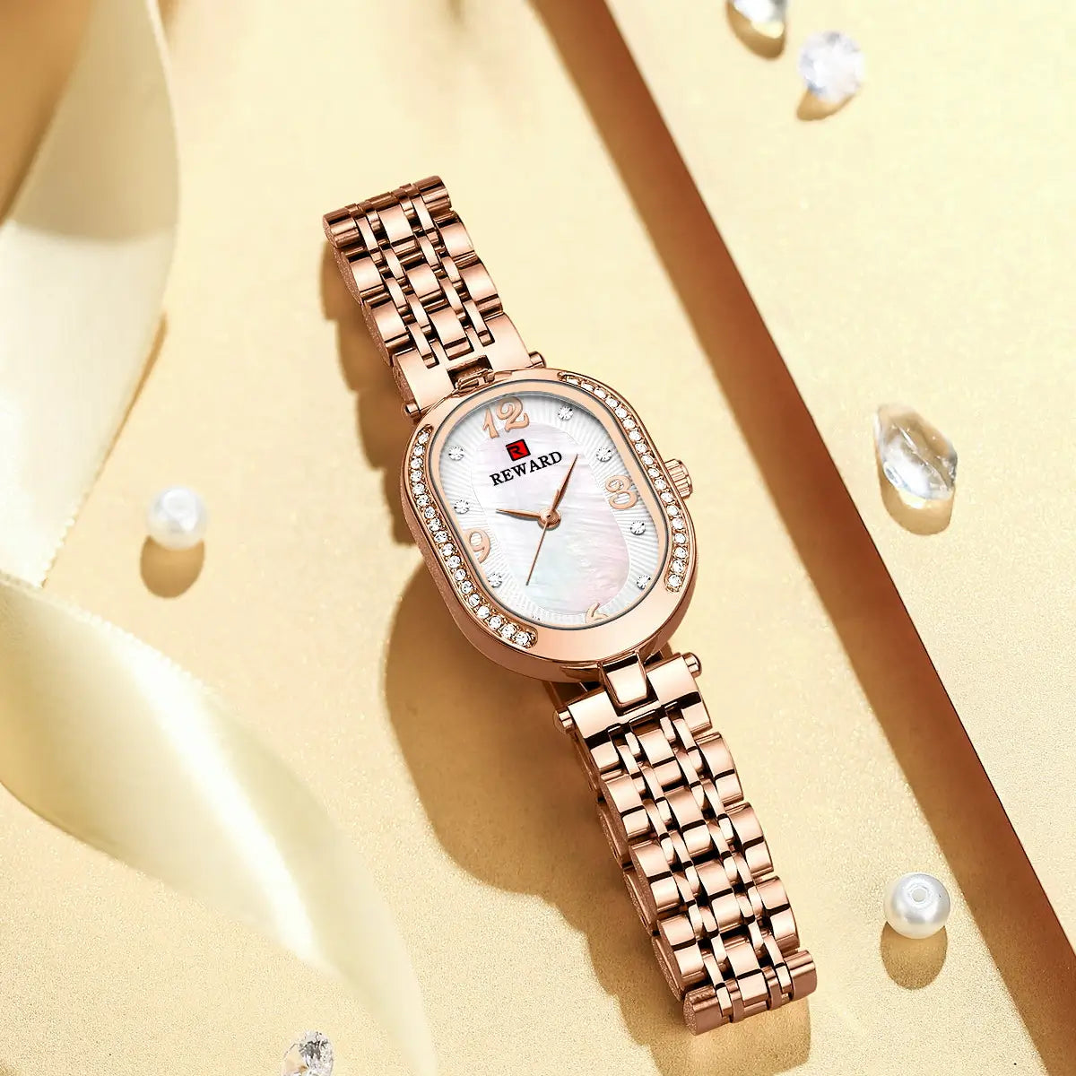 Relógio pequeno feminino rose gold Reward VIP Octávia Mini visto de cima