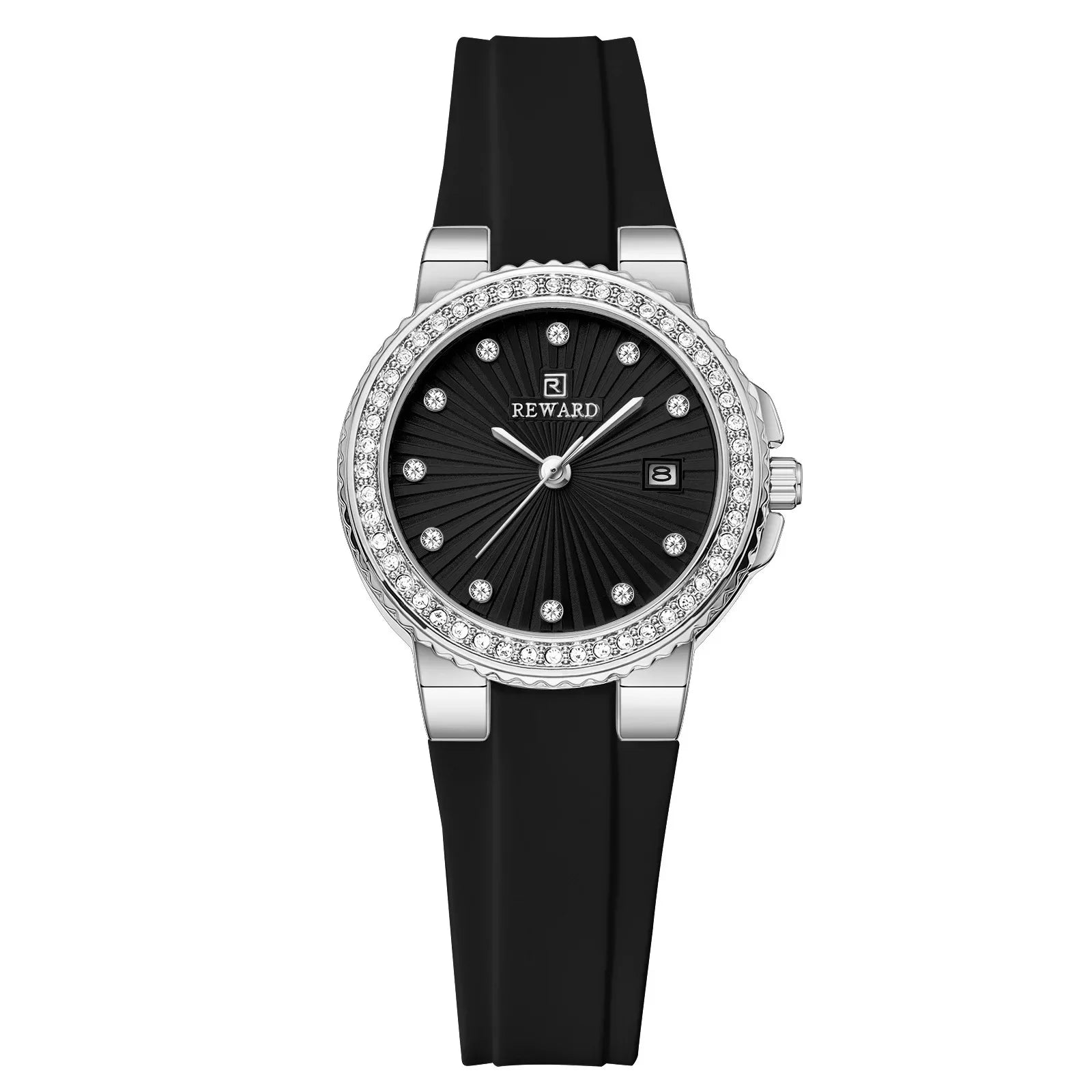 Relógio preto feminino pequeno Reward VIP Éclat visto de frente destacando seus cristal incrustado no mostrador e bisel