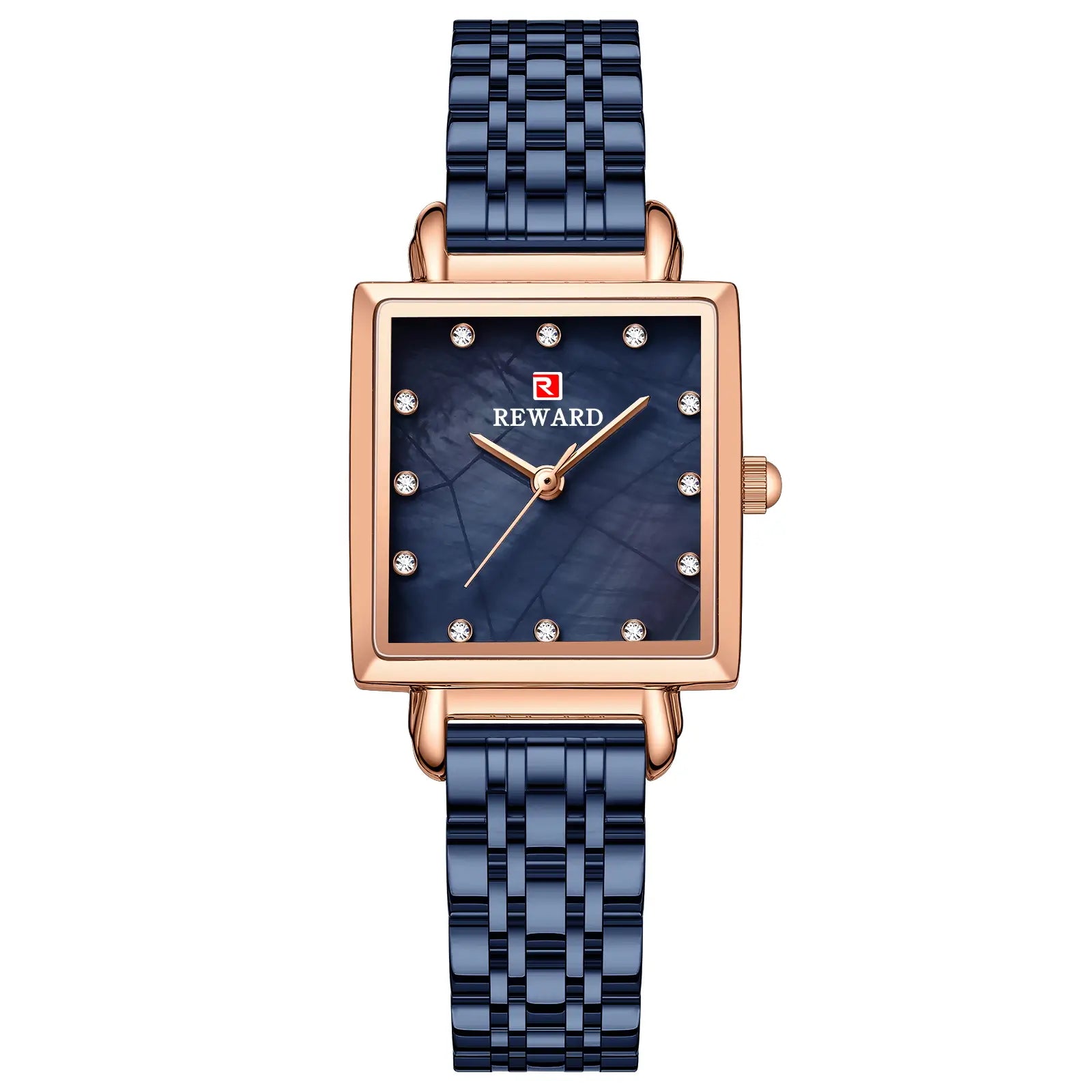 Relógio quadrado feminino pequeno azul Reward VIP Élise visto de frente 