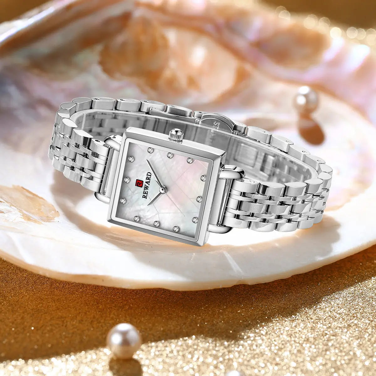 Relógio quadrado feminino pequeno prata Reward VIP Élise 25mm com fundo fotográfico 