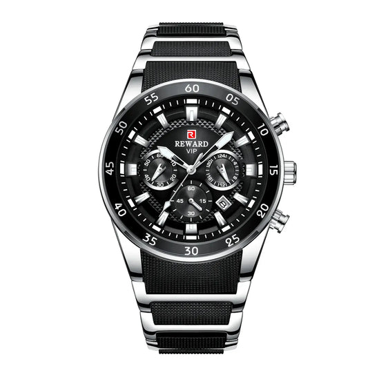 relogio masculino sofisticado reward vip com pulseira preta em silicone envolta em aço inoxidável com mostrador preto e cronógrafo em prata