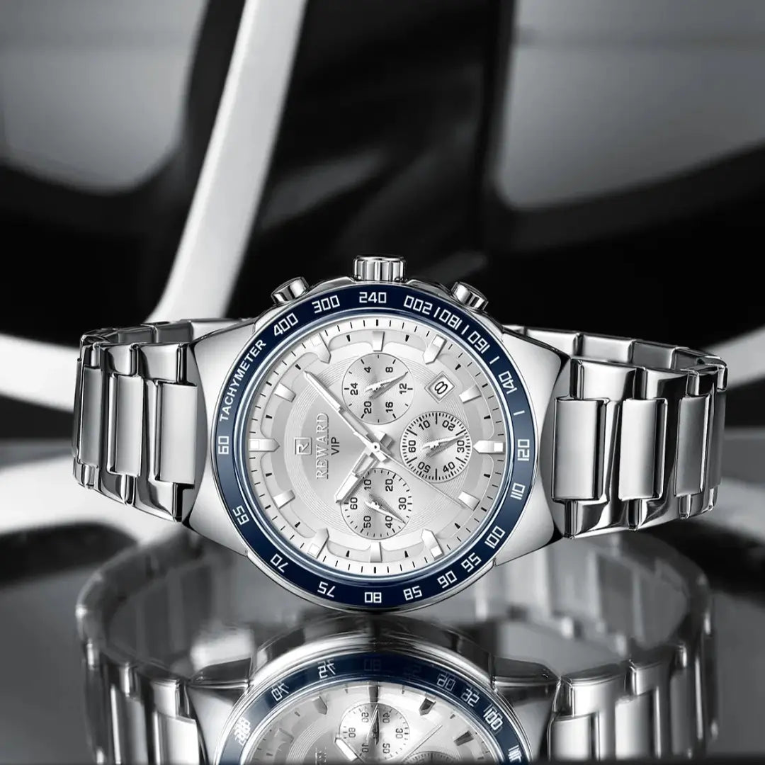 Relógio masculino REWARD VIP Magnus com pulseira de aço inox prateado e mostrador branco, design sofisticado com cronógrafos funcionais e taquímetro.