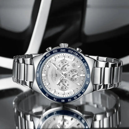 Relógio masculino REWARD VIP Magnus com pulseira de aço inox prateado e mostrador branco, design sofisticado com cronógrafos funcionais e taquímetro.