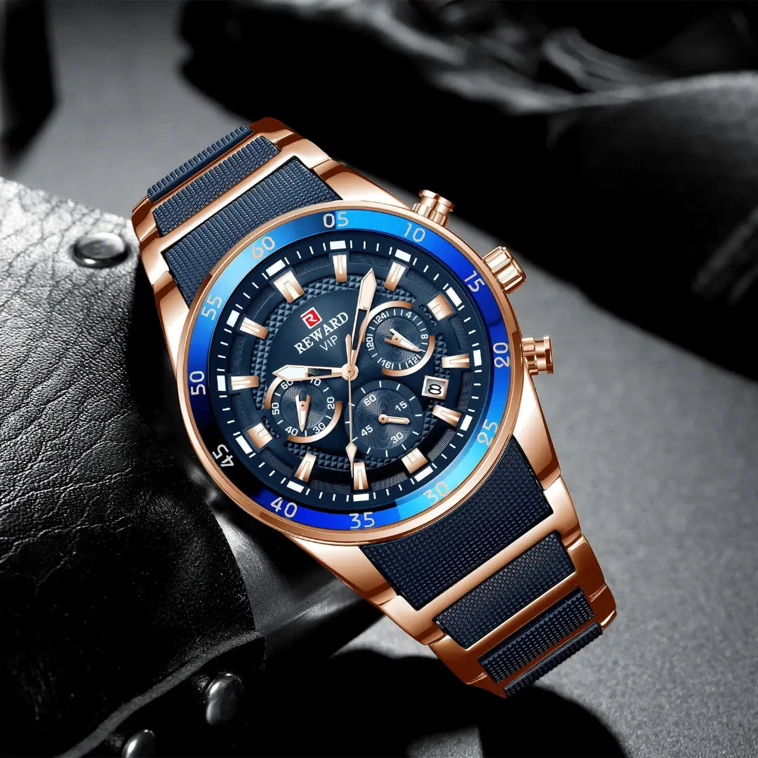 Relógio masculino REWARD VIP com mostrador azul, cronógrafos funcionais e caixa em ouro rosé. Estilo esportivo de luxo com design imponente.
