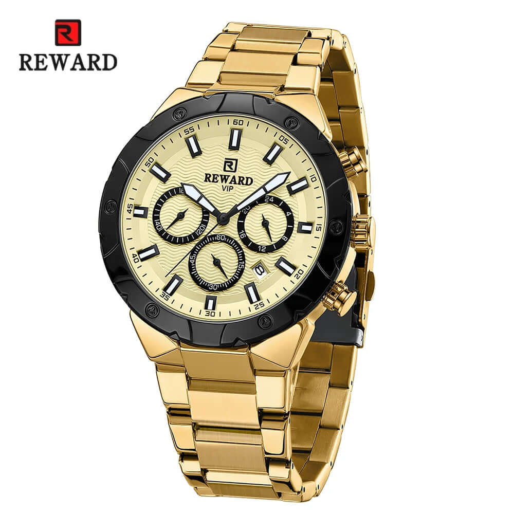 Relógio masculino REWARD VIP Legacy com pulseira de aço inoxidável amarelo e mostrador amarelo com cronógrafos.